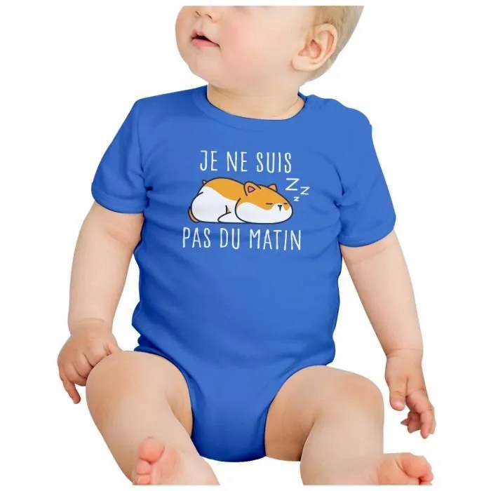 Body Bébé Manche Courte Bleu Hamster Je ne suis pas du matin Animaux de Compagnie