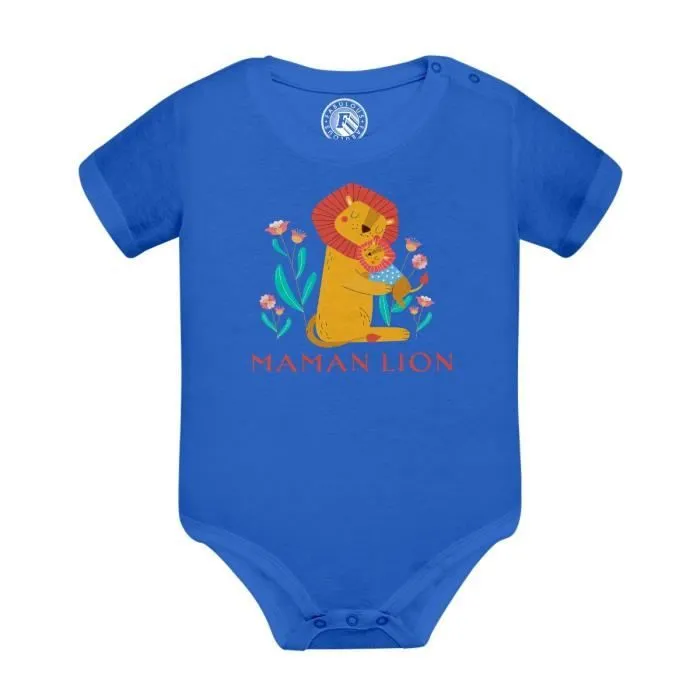 Body Bébé Manche Courte Bleu Reine Maman Lion Dessin Illustration Savane