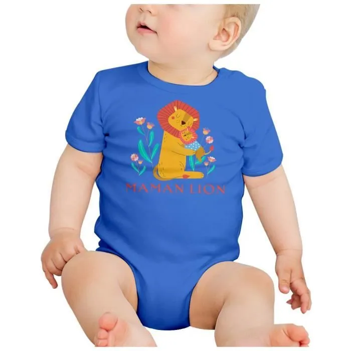 Body Bébé Manche Courte Bleu Reine Maman Lion Dessin Illustration Savane