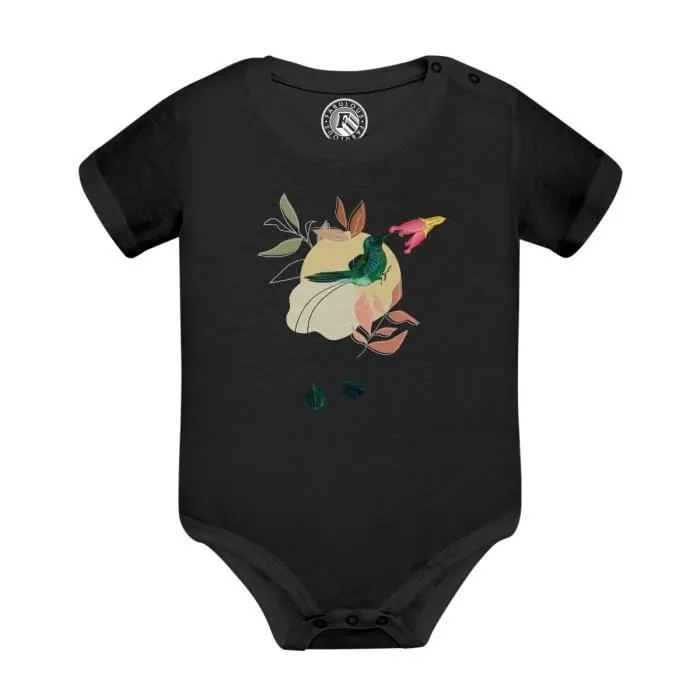 Body Bébé Manche Courte Noir Colibri Fleurs Tropical Exotique Jungle Amazonnie