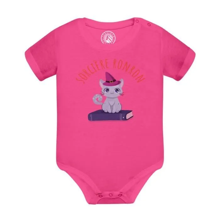 Body Bébé Manche Courte Rose Sorcière Ronron Chat Halloween Peur Mignon