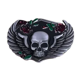 Boucle de ceinture Tête de Mort, ailée avec roses, modèle Bodhi