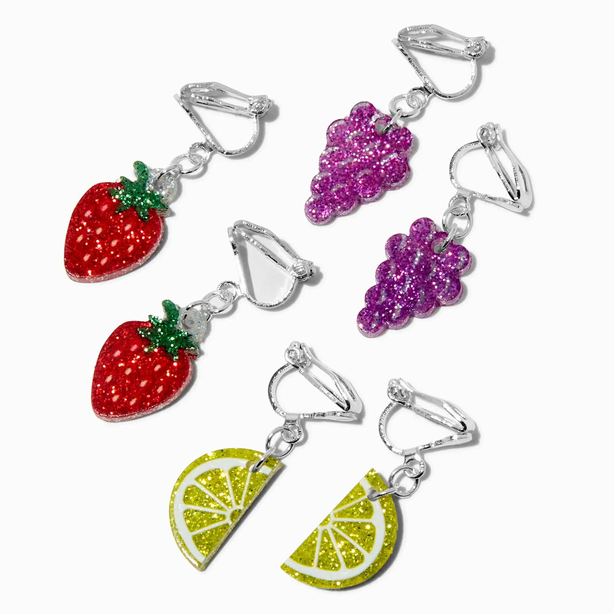 Boucles d'oreilles à clip fraise, citron et raisin - Lot de 3
