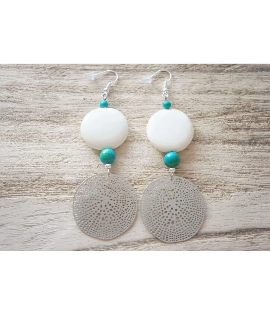 BOUCLES XL METAL FILIGRANE ARGENTE ET BOIS DE COCO BLANC