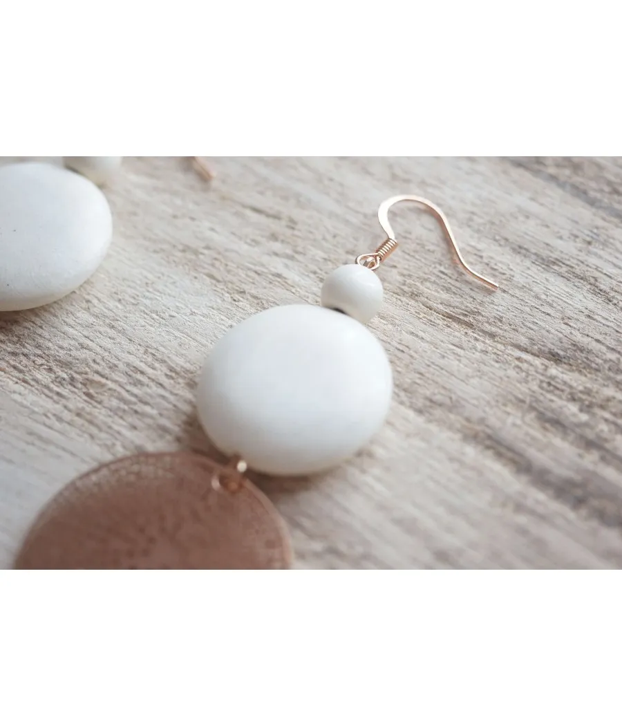 BOUCLES XL METAL FILIGRANE ROSE ET BOIS DE COCO BLANC