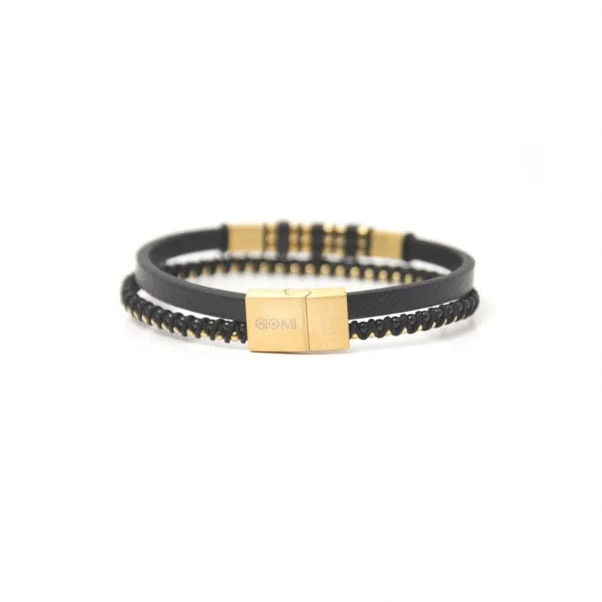 Bracelet Cuir Tressé Noir Et Doré
