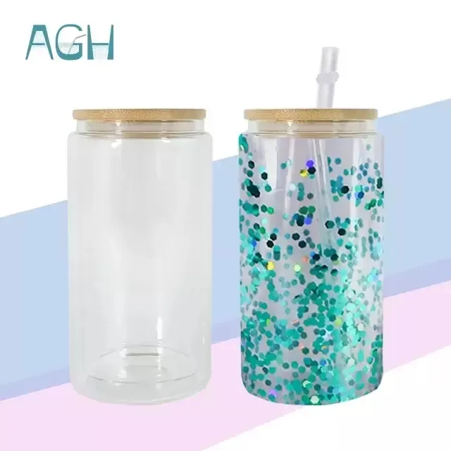 Entrepôt Local Américain 16 Oz Gobelets En Verre Globe De Neige À Double Paroi Avec Couvercle En Bambou Verres À Sublimation Cou