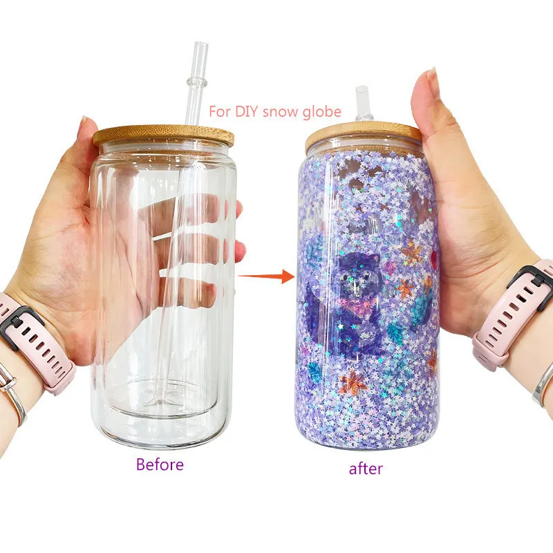 Entrepôt Local Américain 16 Oz Gobelets En Verre Globe De Neige À Double Paroi Avec Couvercle En Bambou Verres À Sublimation Cou