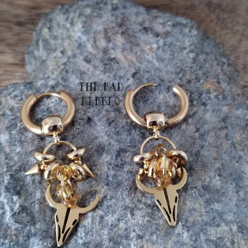 Original créoles viking en acier dore !!golden buffalo!! pendentifs en acier inoxydable t1.5cm x 4cm the bad rebel collection vi