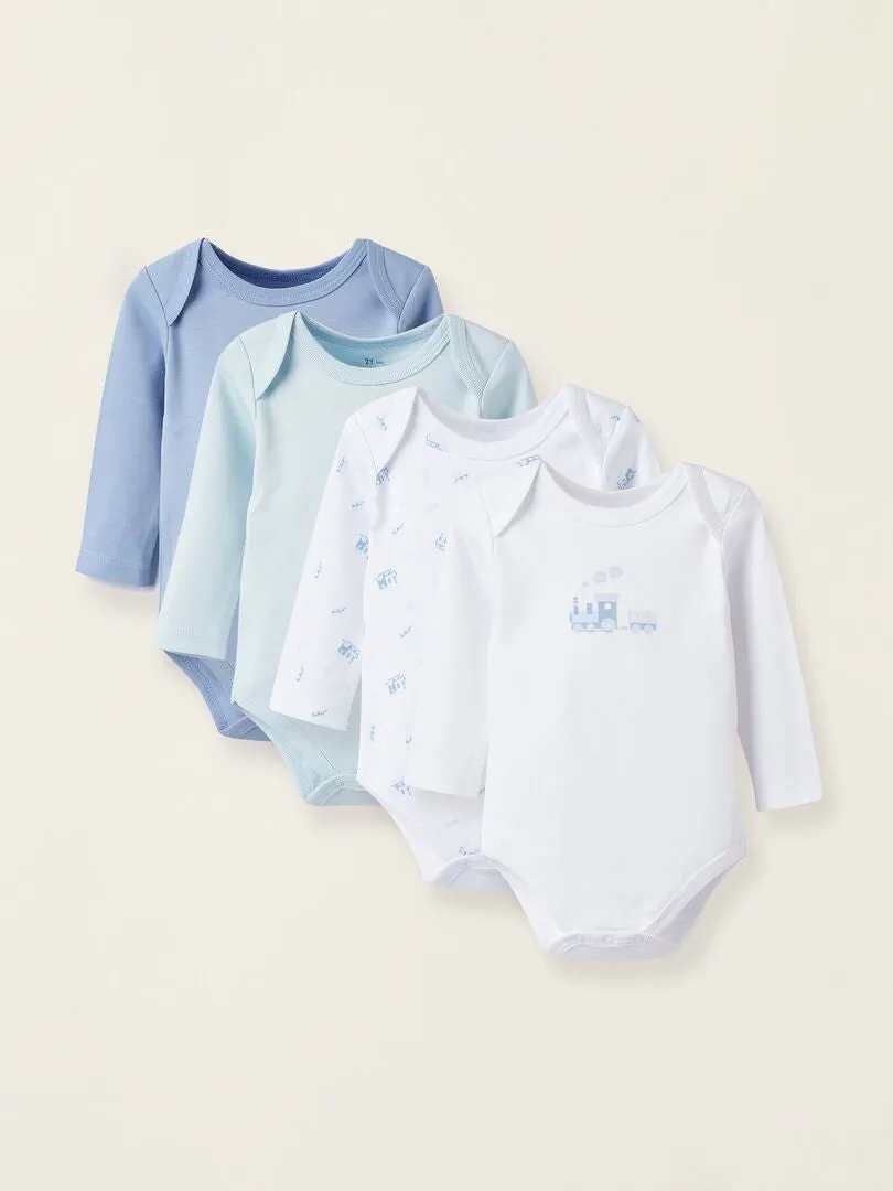 Pack de 4 bodies pour bébé et nouveau-né 'Trains' manches longues ESSENTIALS LINE - Multicolore