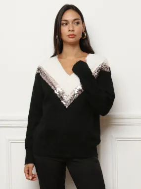 Pull bicolore à sequins- Noir