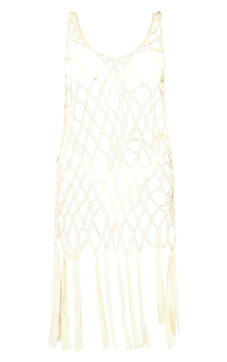 Robe de plage en macramé crème à décolleté et ourlet frangé
