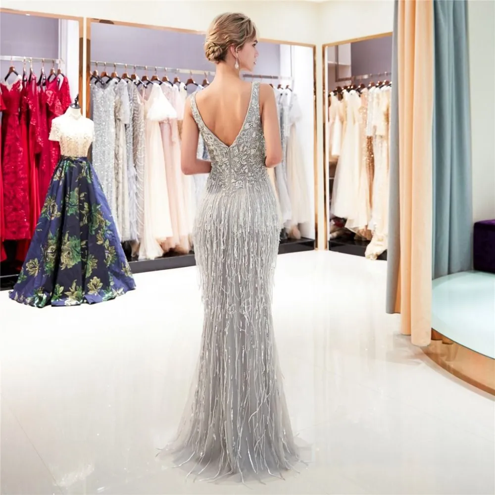 Robe De Soirée Sexy Longue Frange Argentée Décolleté V Plongeant