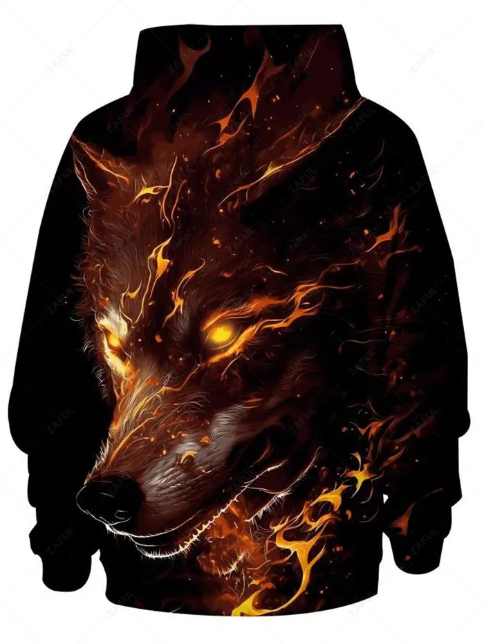 Sweat à Capuche 3D Loup En Feu Imprimé à Manches Longues à Cordon - Multi S