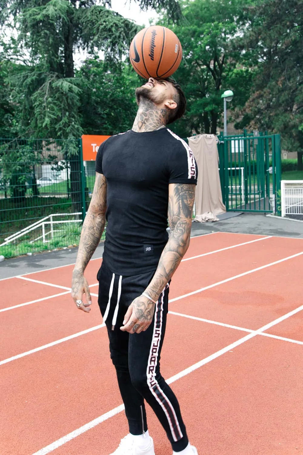 T-shirt suédine bandes texte noir blanc
