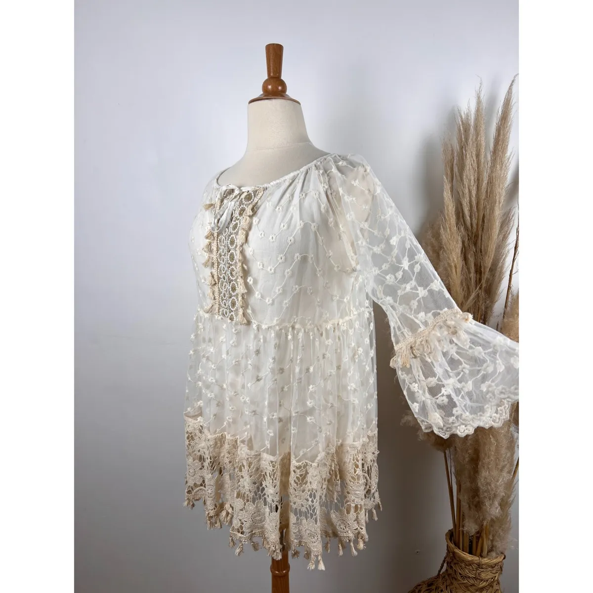 Tunique bohème en voile brodé à pompons grande taille
